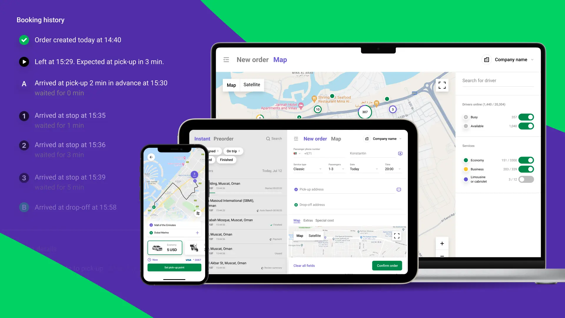 Taxi booking software dashboard for US taxi dispatch operations