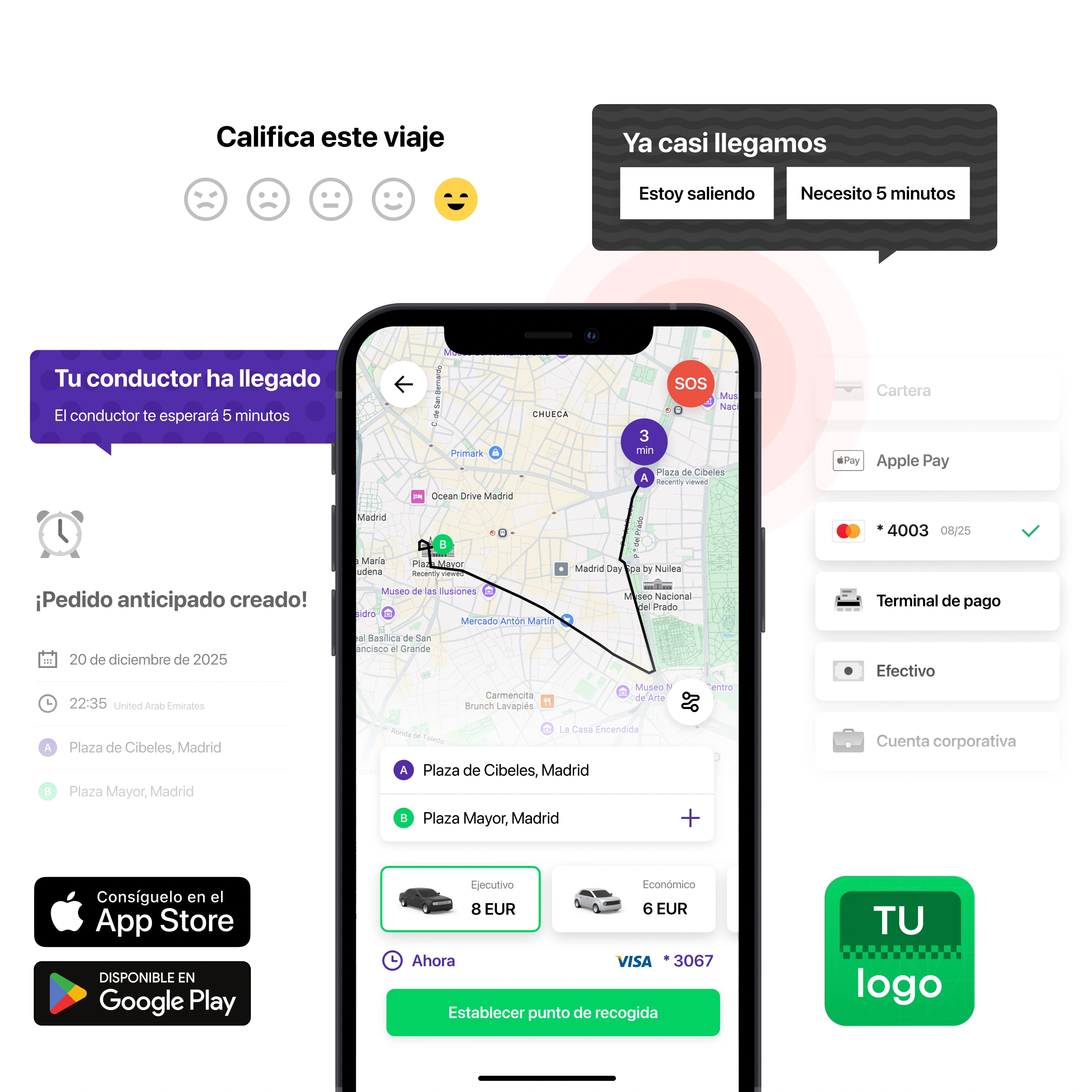 La aplicación del Cliente para iOS y Android ofrece una experiencia fluida e intuitiva y permite a los usuarios reservar viajes en cualquier momento y desde cualquier lugar.