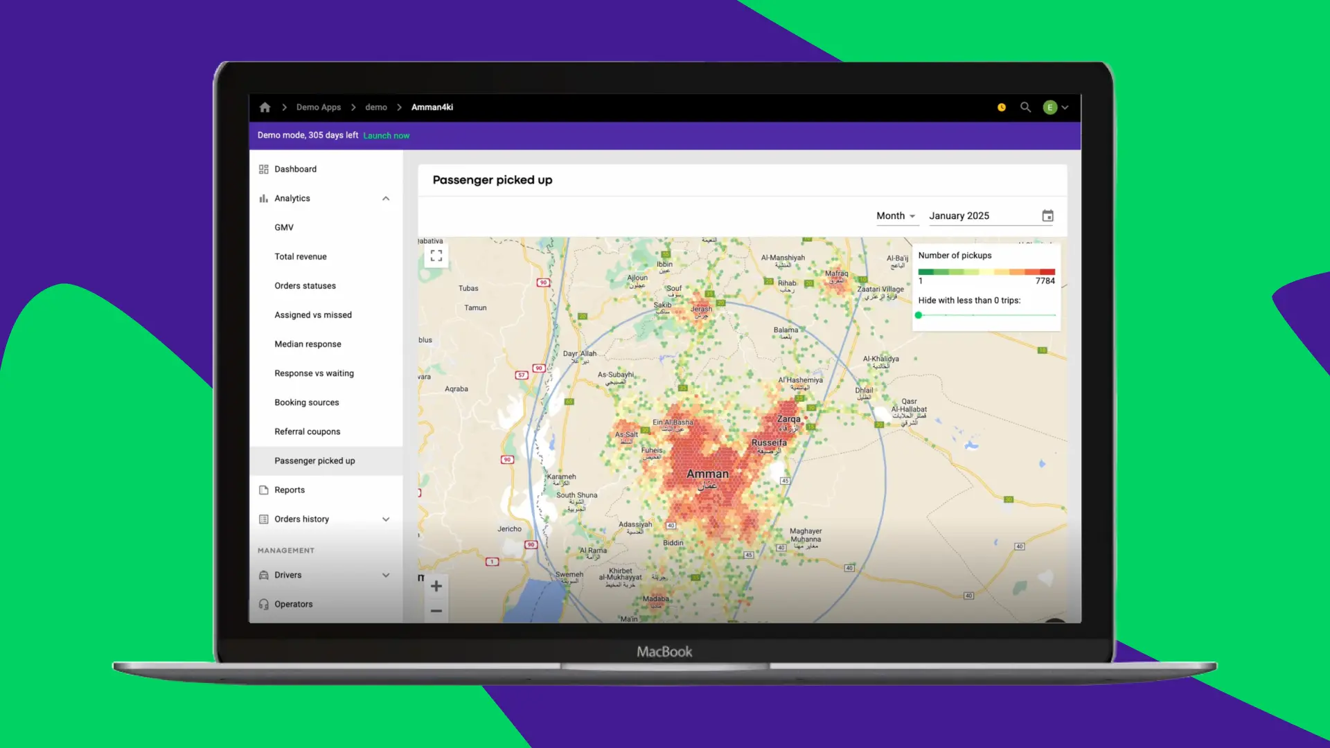 The Pickup Insights Map is a map-based visualization in the Analytics section that helps to understand where orders are being picked up within the company’s current operational area.
