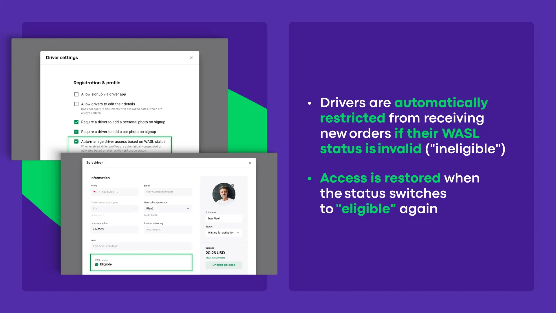 For Saudi Arabia partners: Automatic driver blocking based on WASL status 