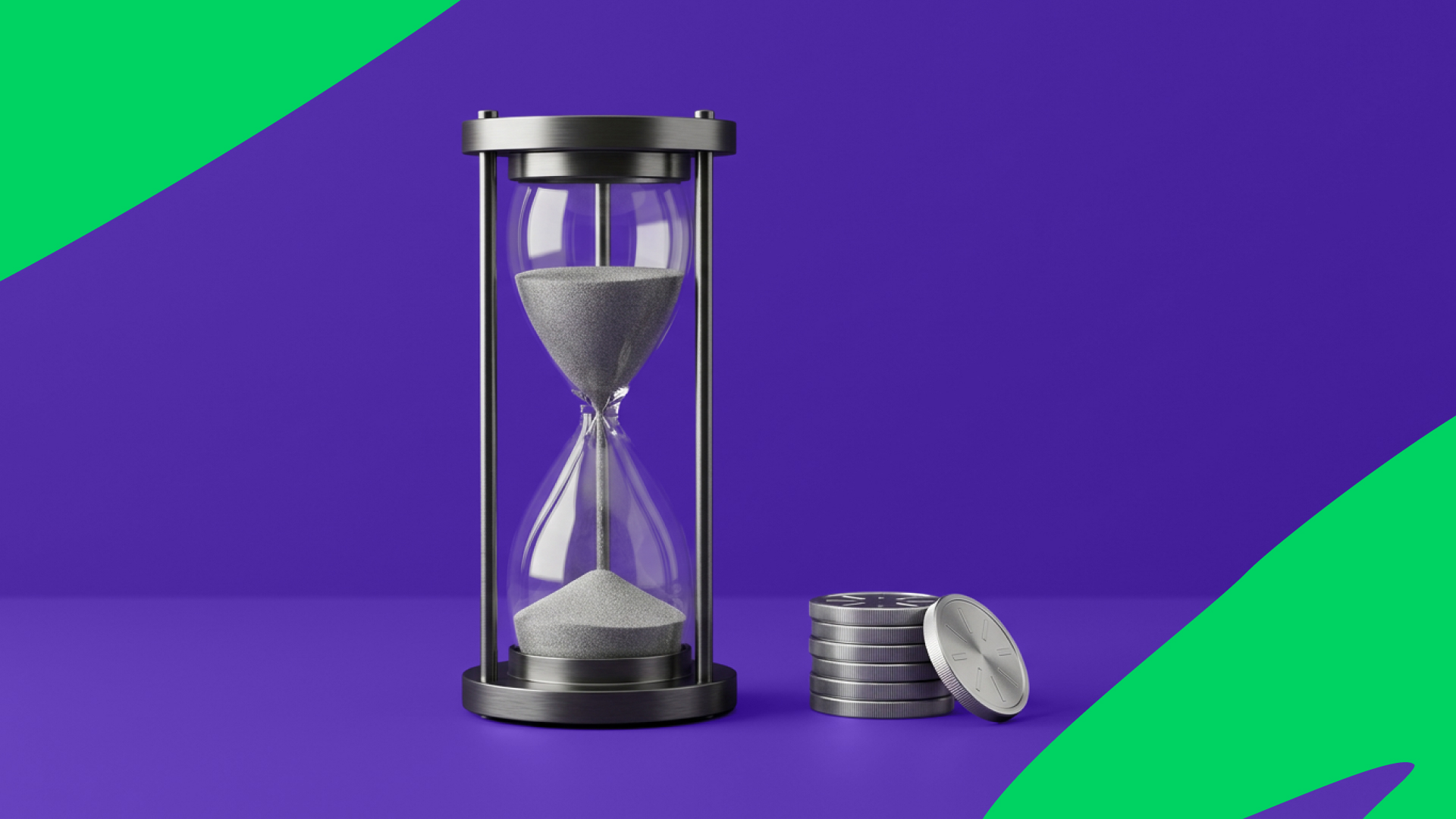 Hourglass next to a pile of coins illustrating the concept of driver's time=driver's money. 