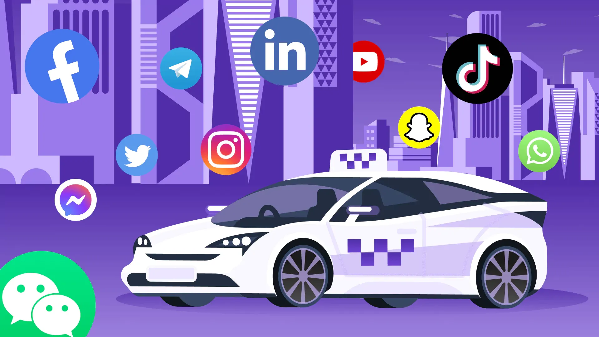 taxi car surrounded by social media logo social media presence