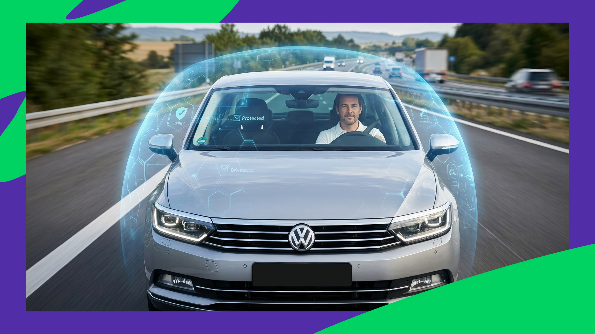 A car on the move with a transparent protective shield around it symbolizing safety features of Onde's ride-hailing platform.