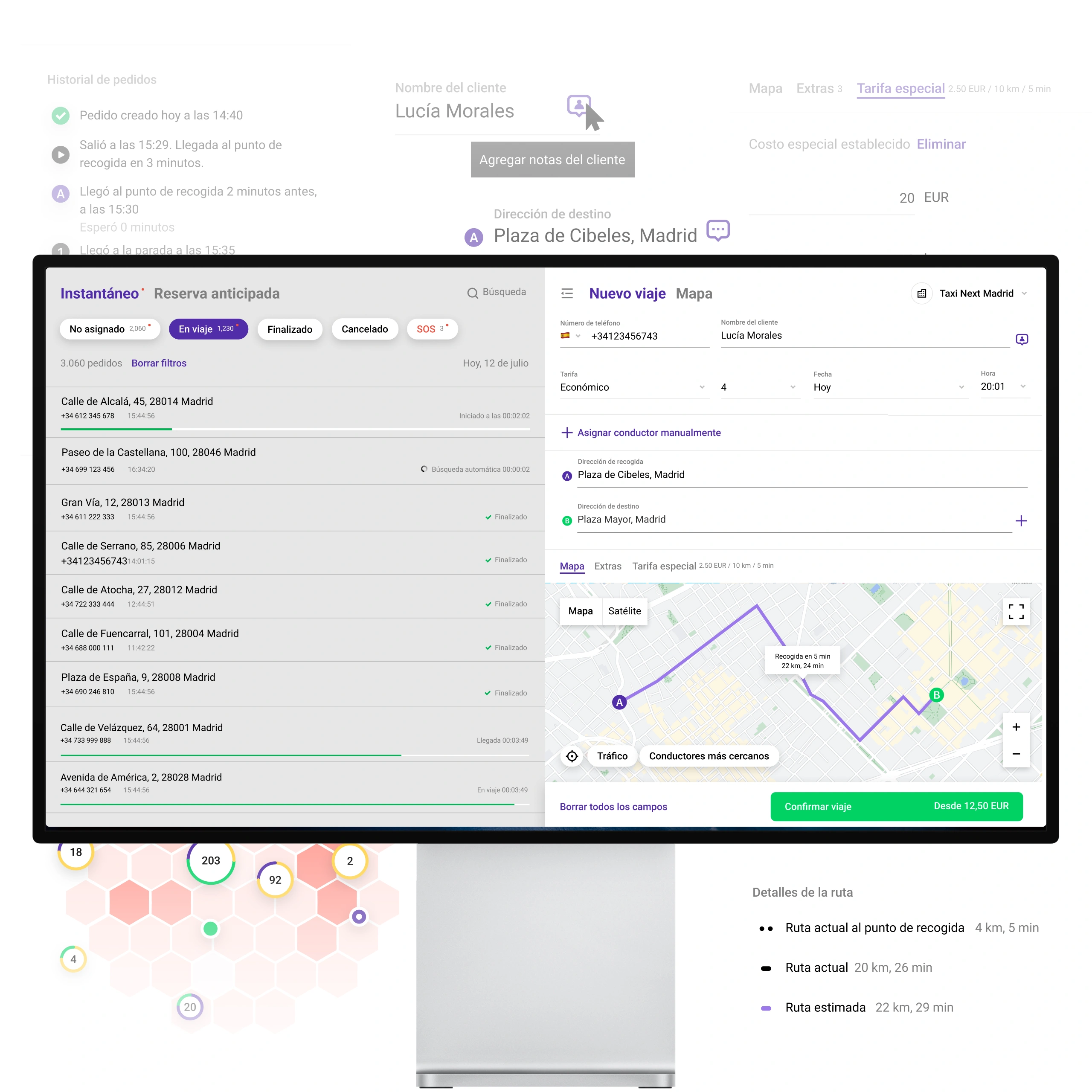 La aplicación del Operador actúa como un centro de mando centralizado para gestionar las reservas recibidas por teléfono o aplicaciones de mensajería.