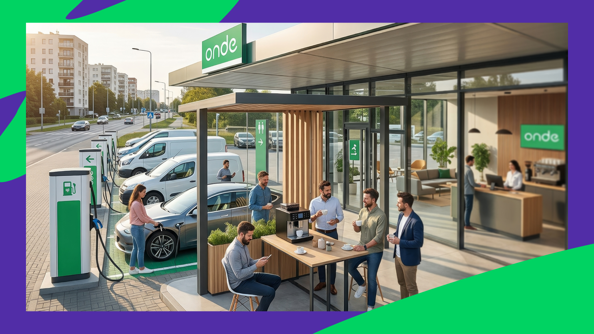 Several drivers having a break on the terrace of Onde Hub.
