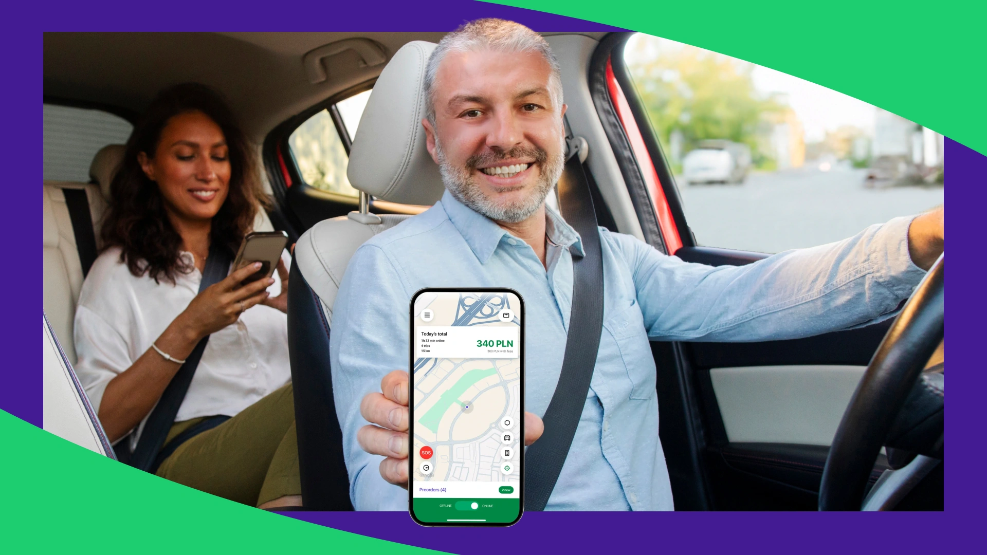 Taxi driver using a ride-hailing app to manage incoming bookings