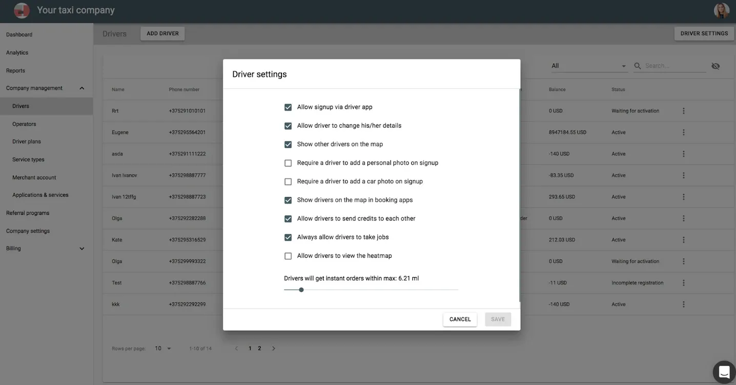 driver setting company panel